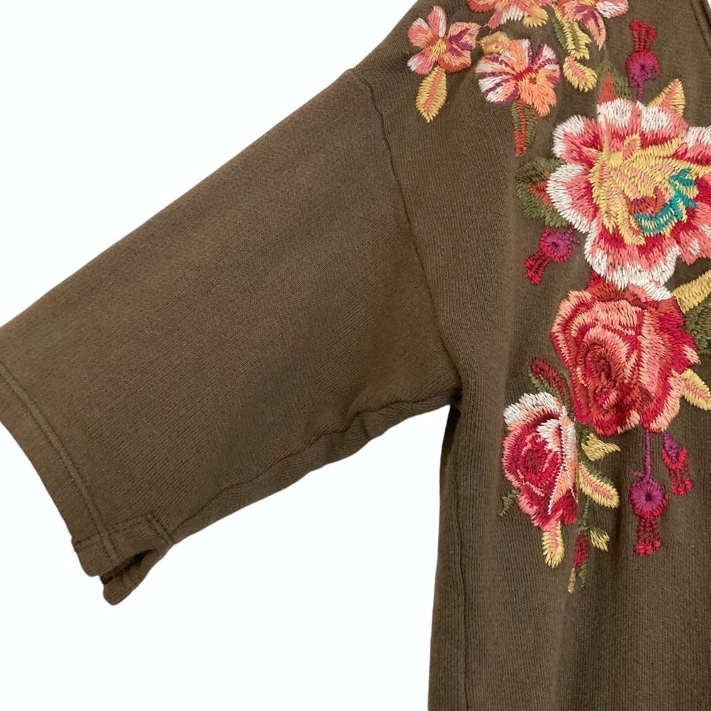 JOHNNY WAS Malui Floral Embroidered French Terry Sweatshirt Tunic Dress Brown - Picture 6 of 10